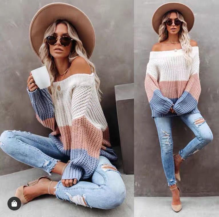 Striped Colorblock Off-the-Shoulder Knitted Women's Long Sleeve Sweater