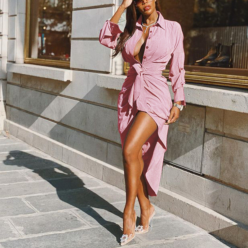 Ruched Turn-Down Collar Button-Up Sash Belted Long Sleeve Shirt Dress