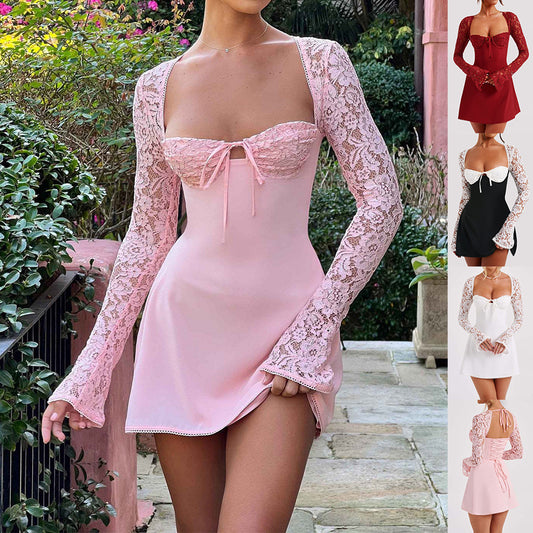 Lace Corset Bowknot Criss-Cross Back Design Long Sleeve Mini Dress