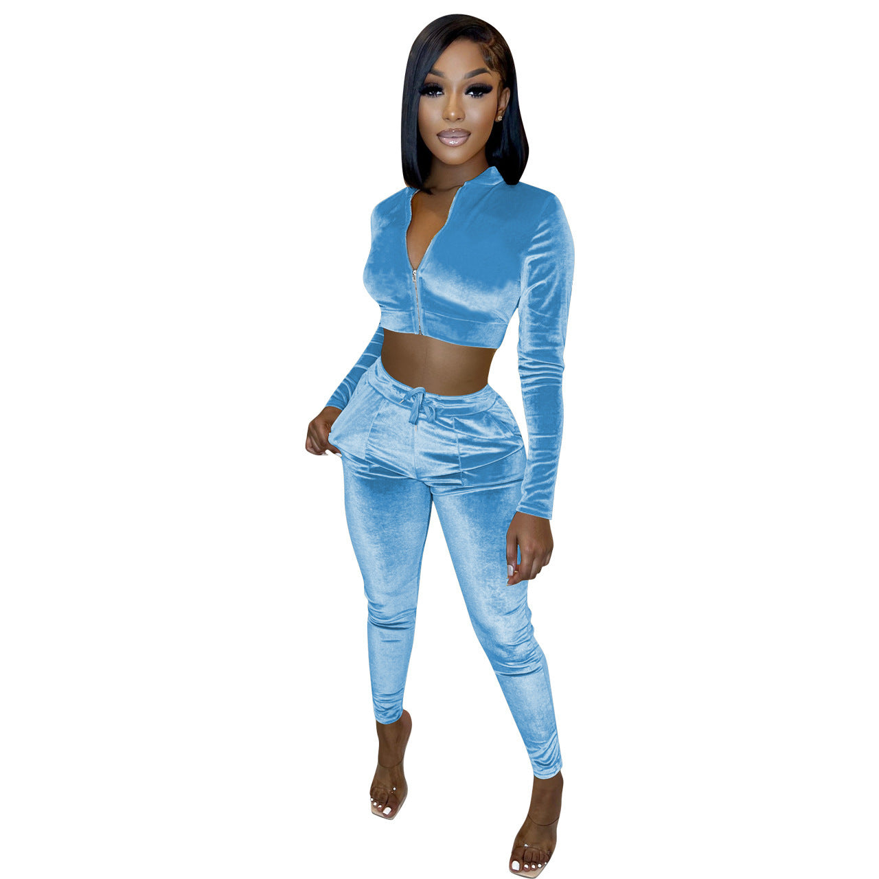Velvet Solid Color Cropped Zipper Jacket + Drawstring Sweatpants Women's Tracksuit