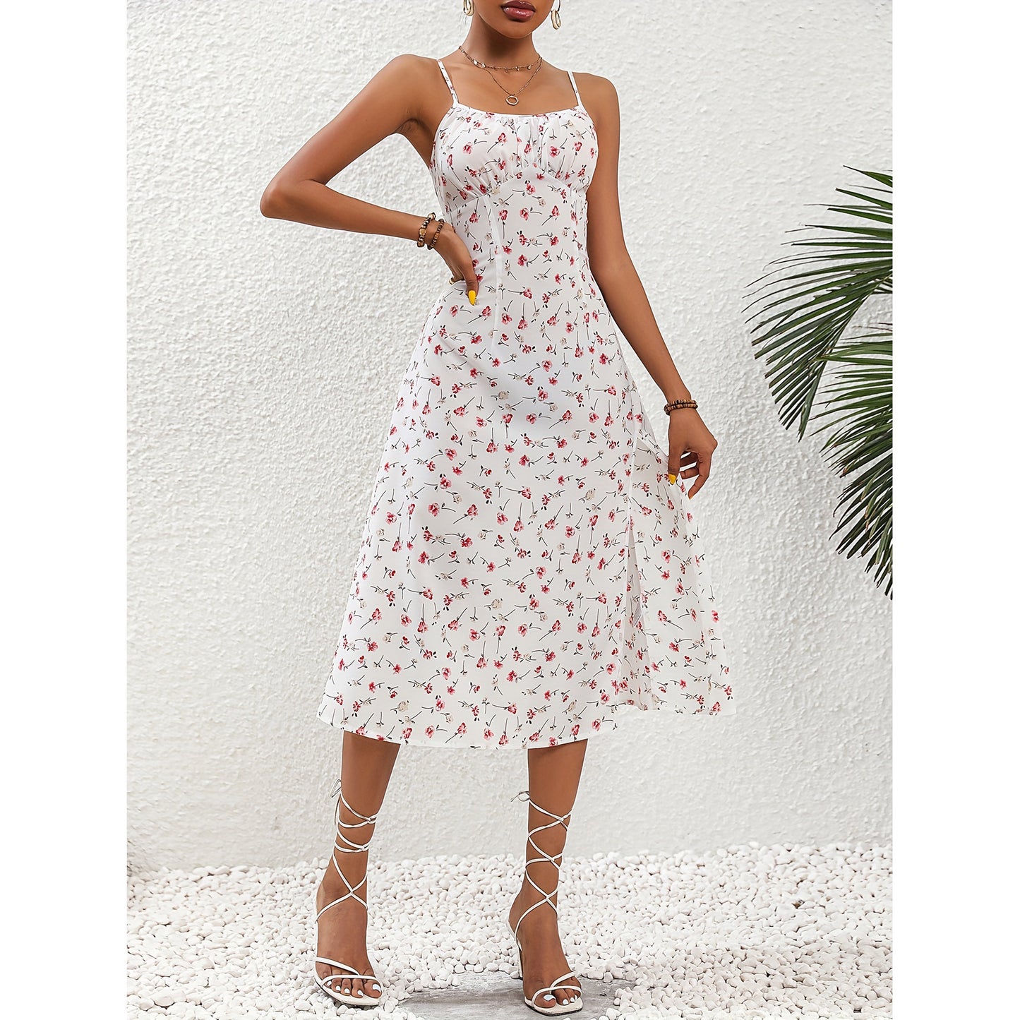 Polka Dot Print Cami Suspender High Slit Sun Dress
