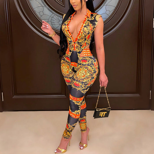 Sleeveless Baroque Print Women's Deep V-Neck Turn-Down Collar Crop Top+ Skin Tight Leggings 2-Piece Set