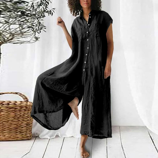 Button-Up Solid Color Short Sleeve Midi Length Women's Wide Leg Jumpsuit