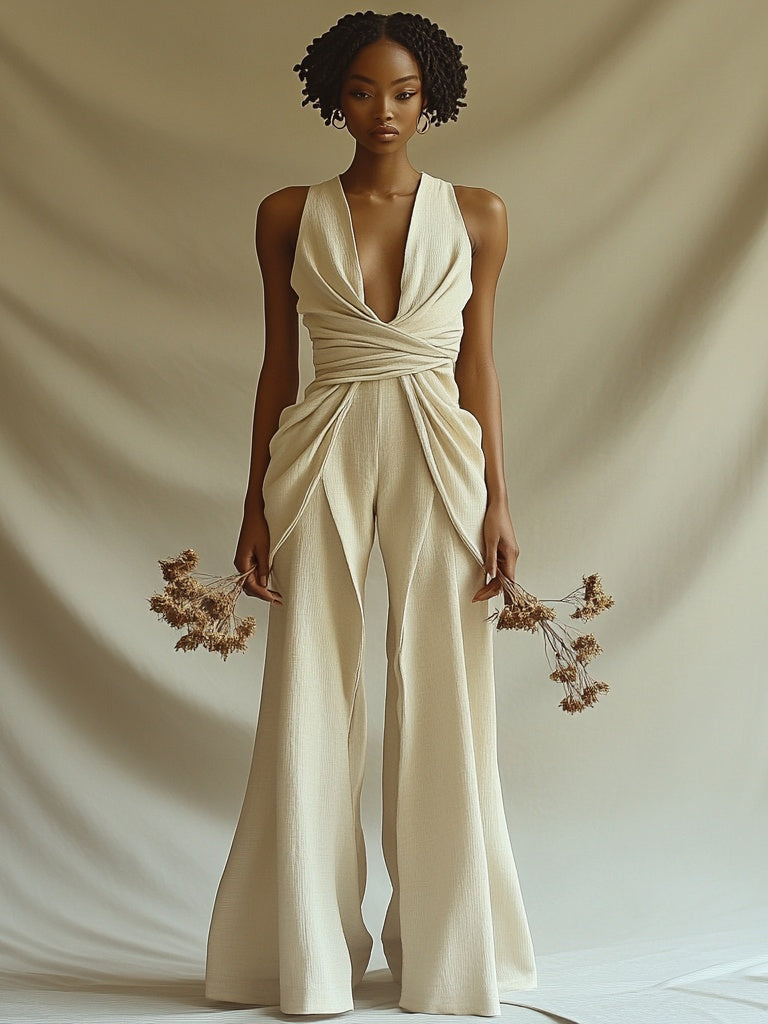 Apricot Deep V-Neck Sleeveless Ruched Pleated Women's Wide Leg Pants Jumpsuit