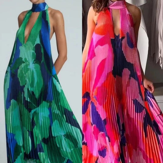 Floral Print Pleated Sleeveless Deep V-Neck Halter Backless Swing Maxi Dress