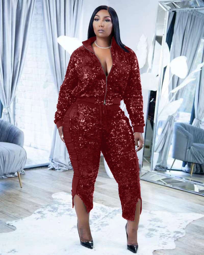 Sparkling Sequin Glitter Women's Zipper Jacket + Split Leg Pants Tracksuit to 3X Plus Size