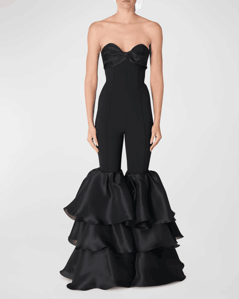 Black Sleeveless Oversized Ruffled Leg Design Women's Formal Party Jumpsuit