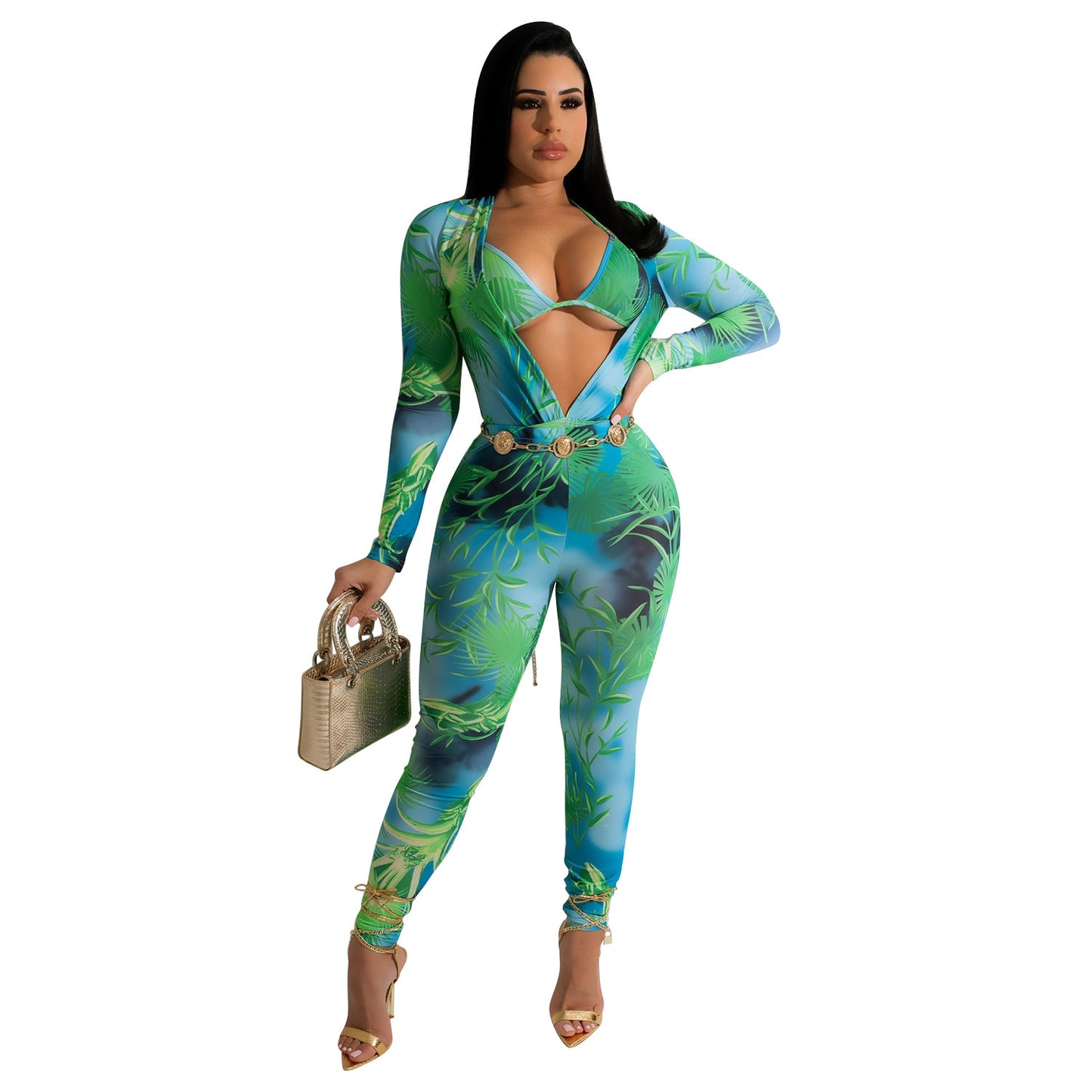 Turquoise/Green Printed Bikini Top + Deep V-Neck Long Sleeve Bodysuit + Skin Tight Leggings 3-Piece Set