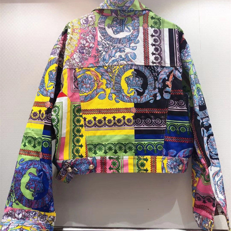 Denim Abstract Floral Baroque Print Women's Long Sleeve Turn-Down Collar Jean Jacket