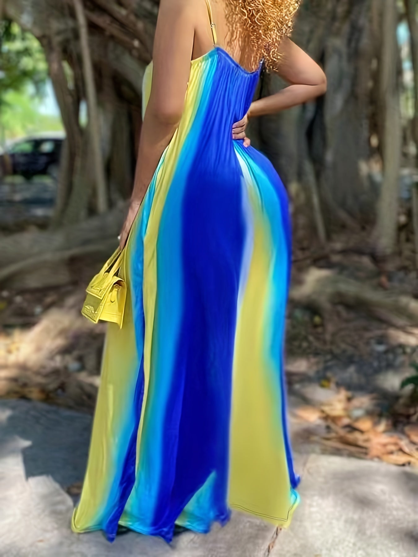 Oversized Tie-Dye Striped Colorblock V Neck Flowing Spaghetti Strap Slingback Maxi Dress to 8X Plus Size