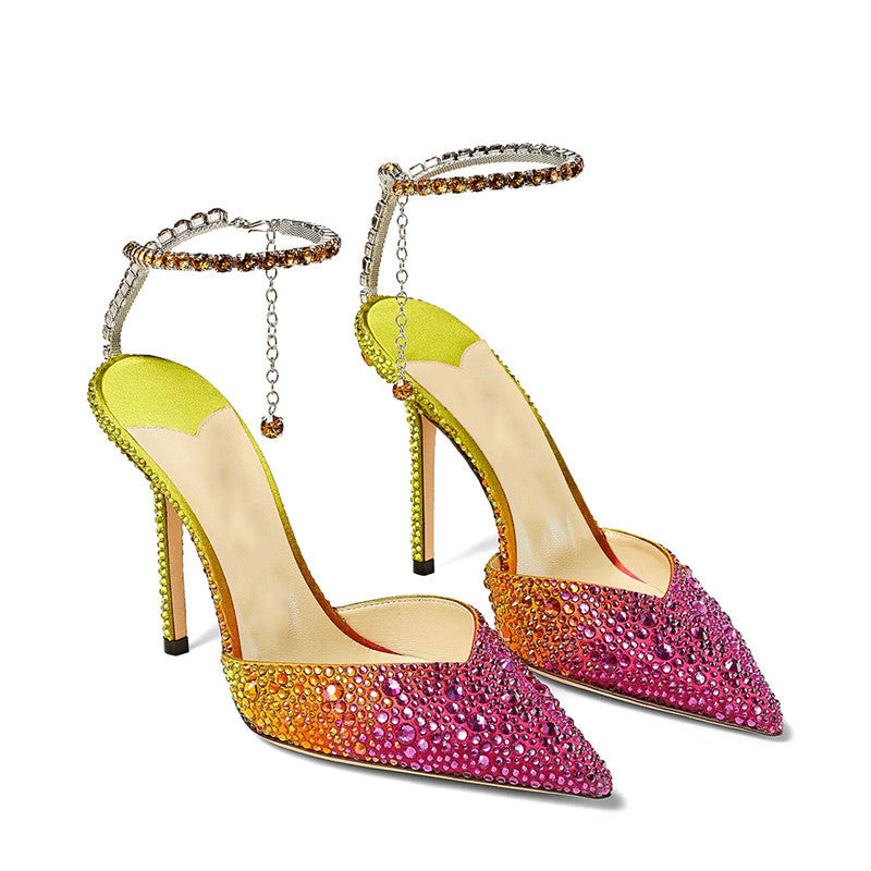 Gradient Colorblock Rhinestone Women's Slingback Ankle Strap Stiletto Heel Mule Pumps