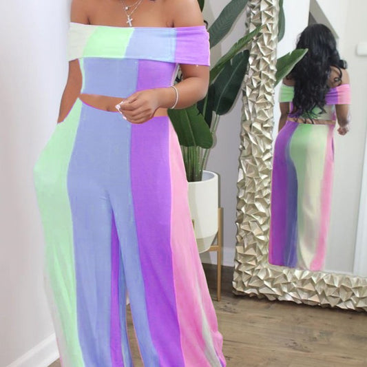Pastel Striped Colorblock Women's Off-the-Shoulder Crop Top + Wide Leg Loose Leggings 2-Piece Set to 4X Plus Size