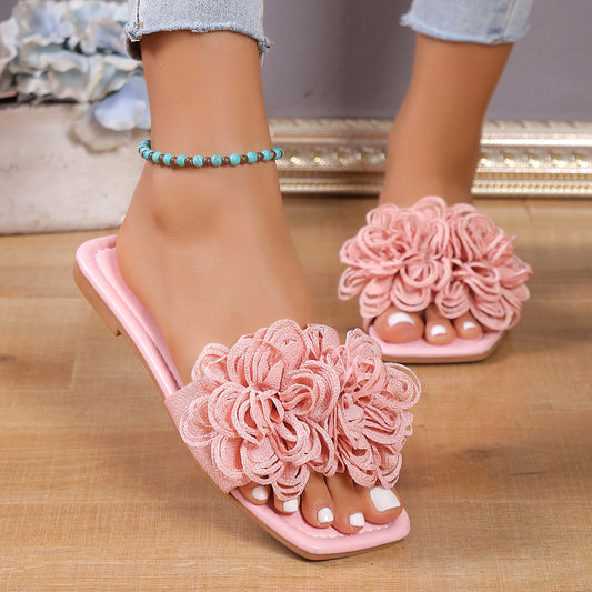 Big Flower Embroidered Flat Women's Slipper Sandals