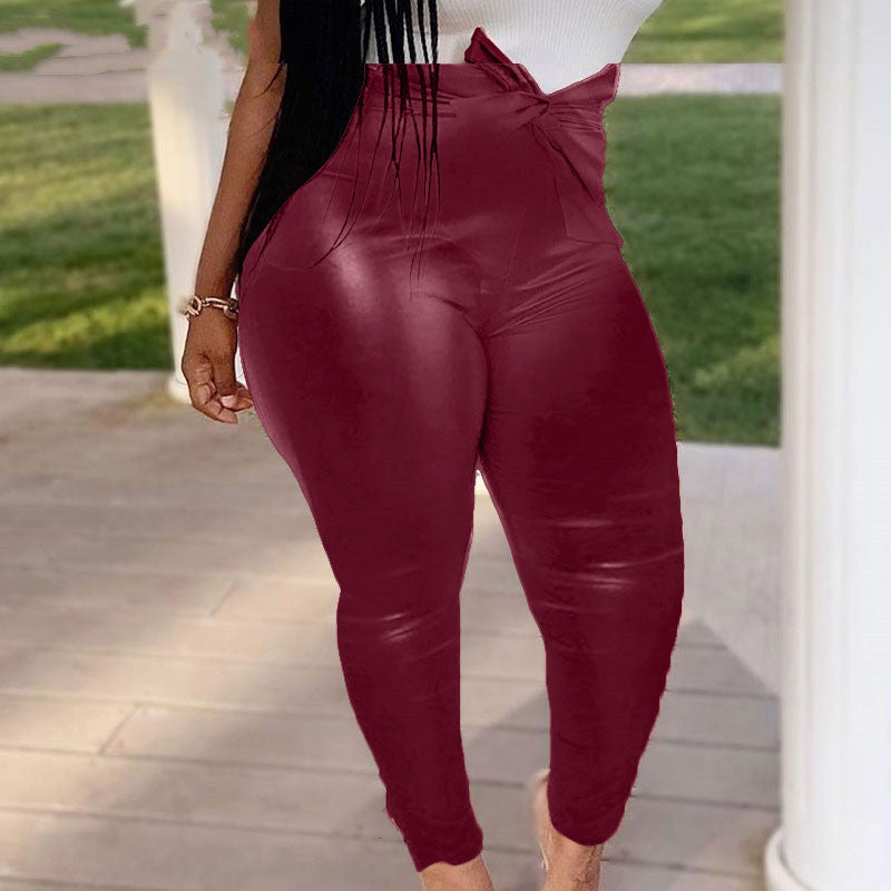 Lace-Up Solid Color Women's PU Leather Pants to 4X Plus Size