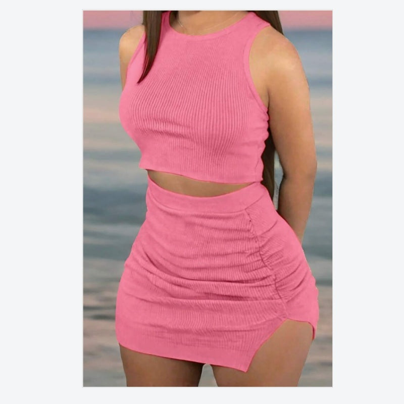 Ribbed Sleeveless Solid Color Crop Top + Bodycon High Slit Mini Skirt 2-Piece Set