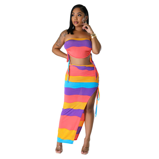 Pastel Rainbow Striped Drawstring Women's Tube Top + Maxi High Slit Skirt 2-Piece Set