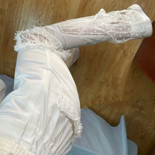 White Mesh Sheer Hollow-Out Transparent Patchwork Waist Micro Flare Women's Pants