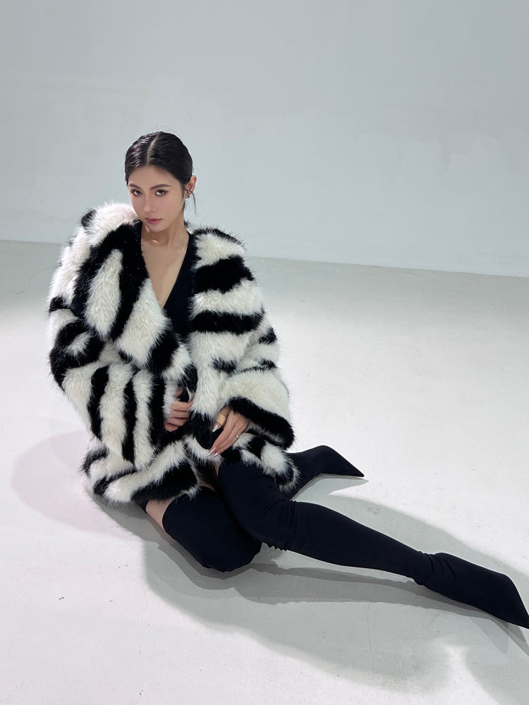 Faux Fur Black/White Zebra Print Turn-Down Collar Women's Jacket
