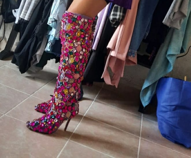 Pastel Rainbow Rhinestone Embellished Women's Pointed Toe Stiletto Heel Over-the-Knee Boots