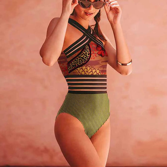 Green Floral Striped Colorblock Patchwork Print One-Piece Micro Monokini