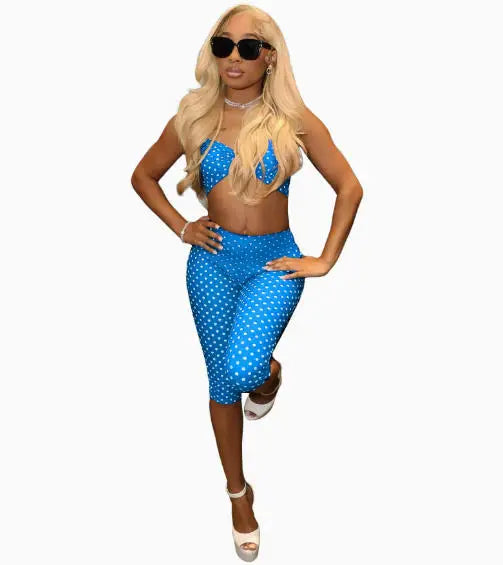 Polka Dot Print Women's Bikini Top + Skin Tight Capri Pants 2-Piece Set