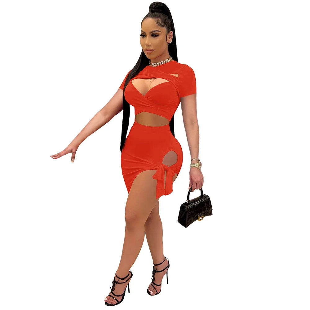 Hollow-Out Solid Color Short Sleeve Women's Cut-Out Crop Top + Irregular Bandage Mini Skirt 2-Piece Set