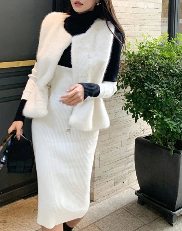 Black/White Patchwork Colorblock Turtleneck Knitted Long Sleeve Skinny Fit Midi Sweater Dress