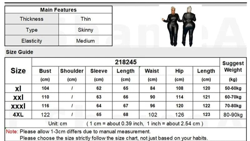 Black Women's PU Faux Leather Long Sleeve Top + Stacked Pants Skinny 2-Piece Set to 4X Plus Size