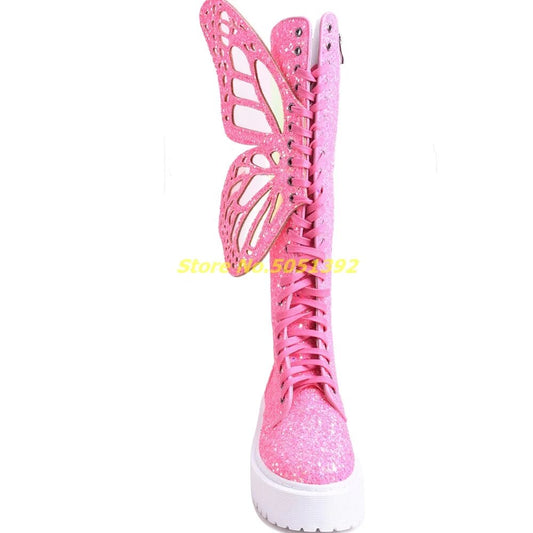 Pink Sparkling Glitter Knee High Muffin Lace-Up Round Toe Women's Boots