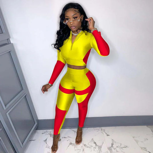 Contrast Colorblock Long Sleeve Zipper Cropped Jacket + Skin Tight Bodycon Leggings Women's Tracksuit