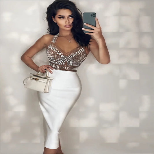 Sleeveless Pearl Beaded Formal Bandage Party Dress