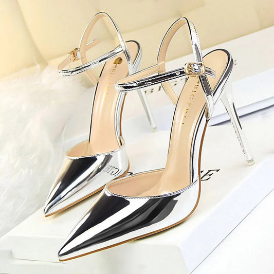 Patent Leather Stiletto Heel Buckle Strap Solid Color Sandal Pumps