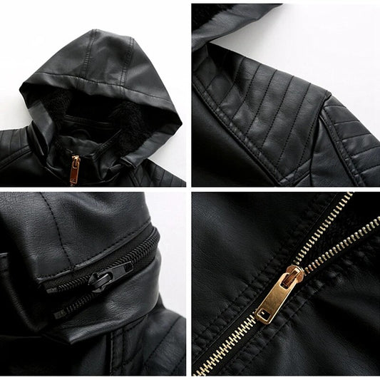 Fleece Hooded Leather Women's Trim Motorcycle Jacket