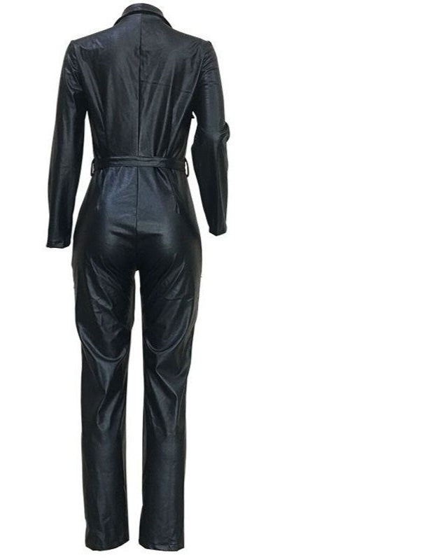 Black Faux Leather Cargo Pocketed Deep V-Neck Skinny Women's Zipper Front Jumpsuit