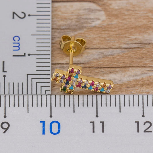 Rainbow Cross Gold Color Micro Paved CZ Earrings