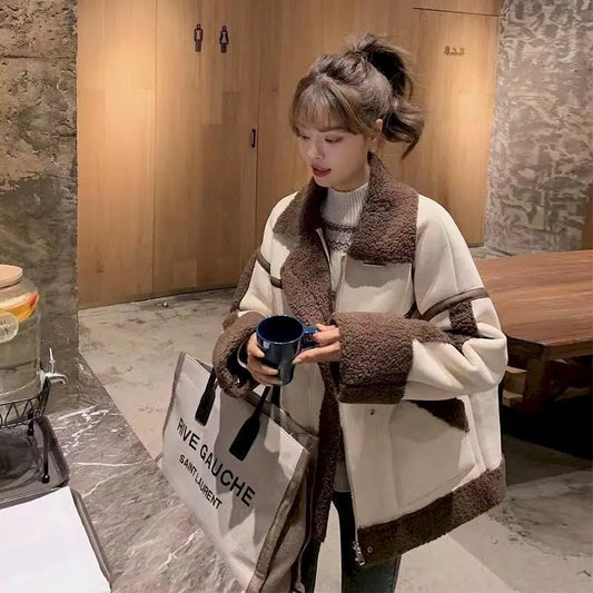 Patchwork Wool Vintage Women's Velvet Colorblock Coat