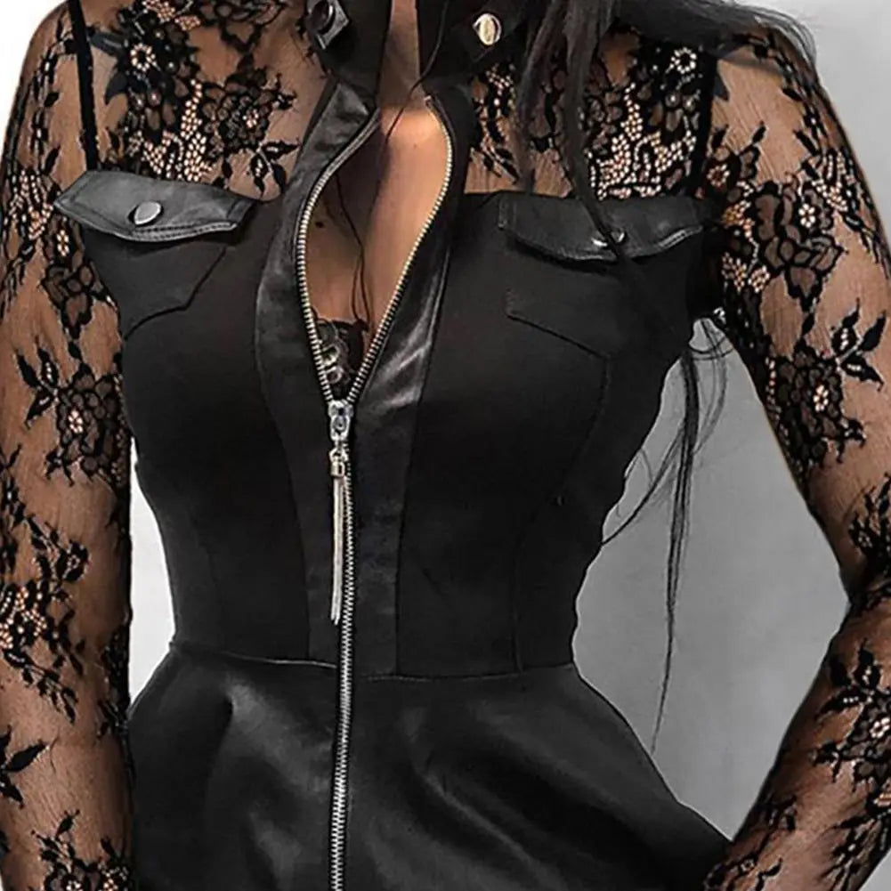 Faux Leather Lace Design Long Sleeve Zipper Pocket Lace Mini Dress to 5X Plus Size
