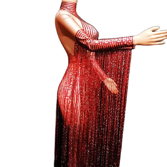 Tassel Fringe Design Red Rhinestone Long Sleeve Stretch Leotard Stage Performance Jumpsuit