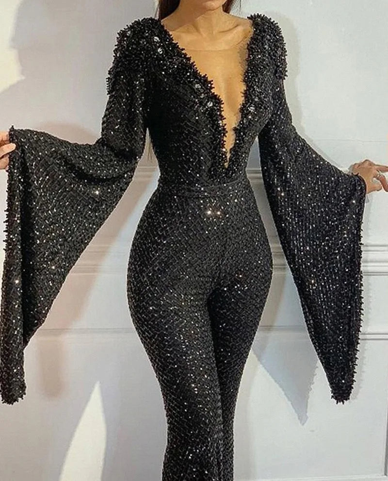 Black Glitter Sequin Deep V-Neck Long Batwing Sleeved Solid Straight Jumpsuit