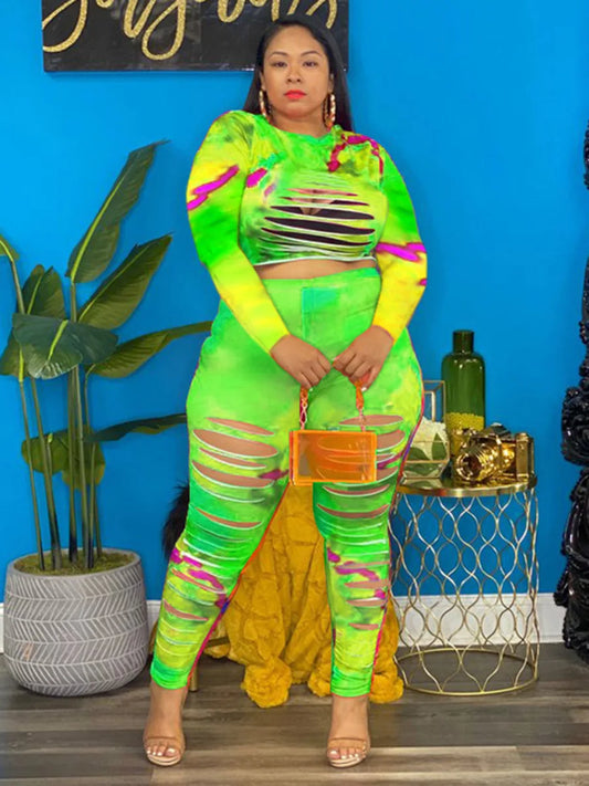 Tie-Dye Ripped Hollow-Out Long Sleeve Crop Top + Matching Leggings 2-Piece Set to 5X Plus Size