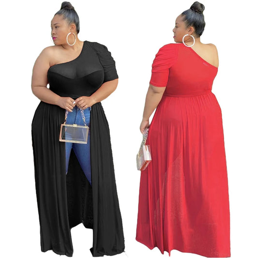 Chiffon Solid Color High Front Slit One Shoulder Transparent Mesh Maxi Blouse to 5X Plus Size