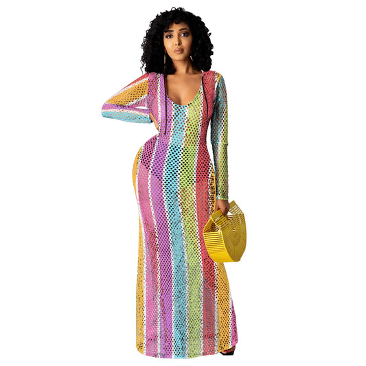 Striped Colorblock Long Sleeve Transparent Crochet Beach Swimsuit Maxi Cover-Up Hoodie Dress