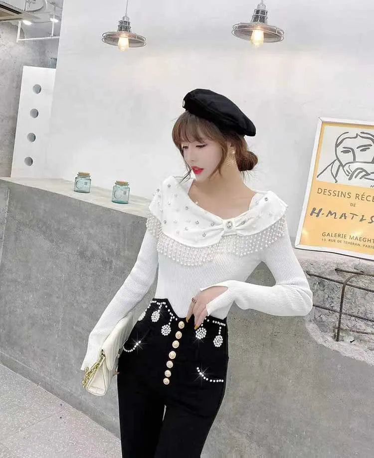 Pearl Fringe Tassel Drill Beaded Women's Sweater