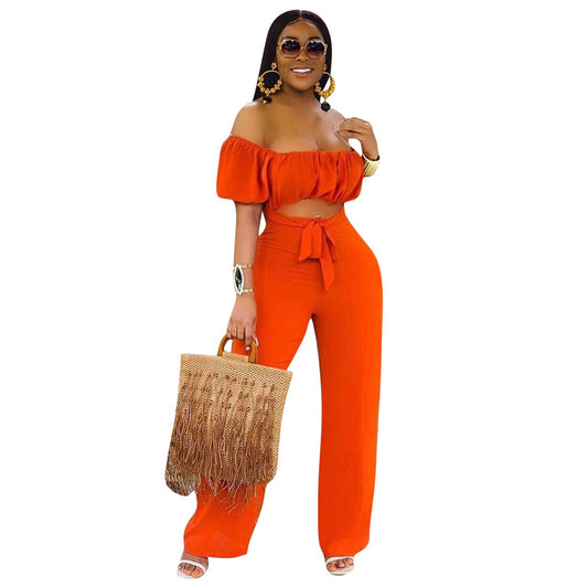 Cropped Top Solid Color Off-the-Shoulder Short Sleeve High Waist Wide Leg Jumpsuit