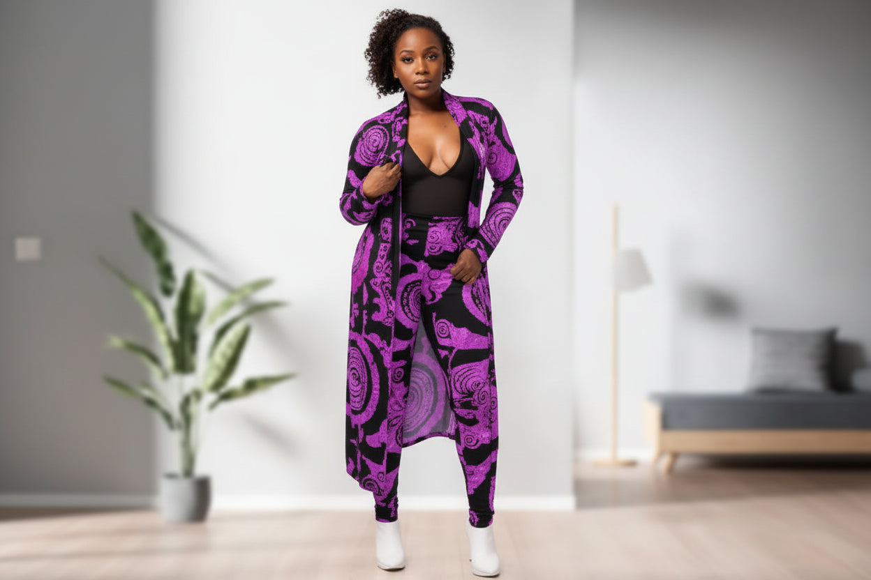 African Baroque Print Women's Maxi Cardigan + Matching Leggings 2-Piece Sets