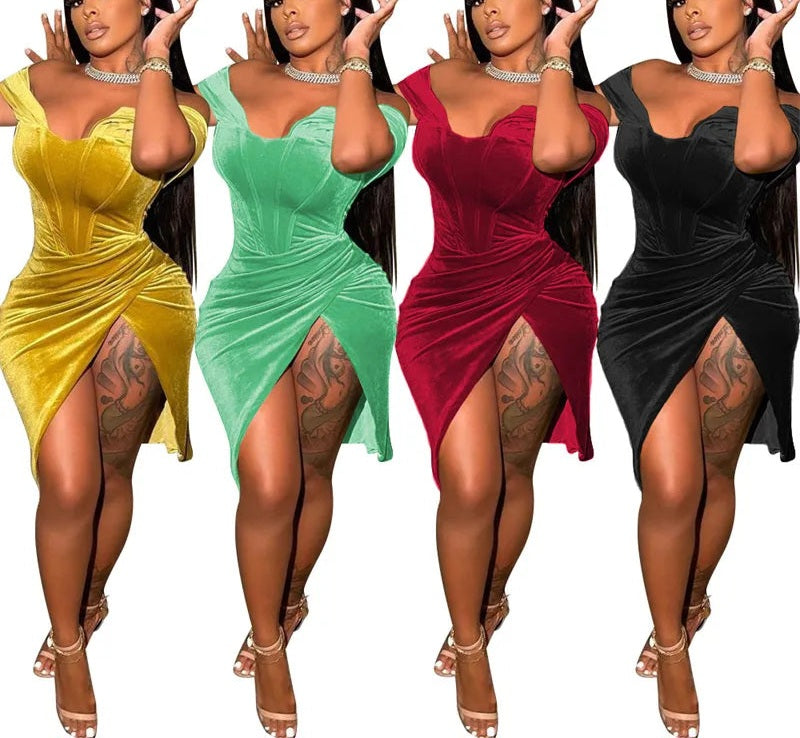 Asymmetrical Velvet Corset Slash Neck Off-the-Shoulder Short Sleeve Ruched Formal Mini Dress