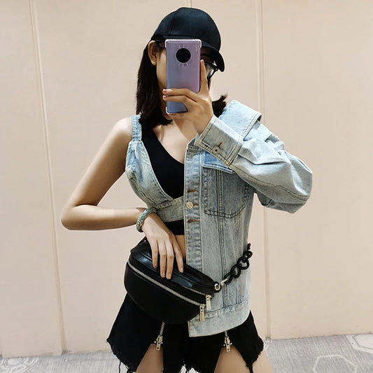 Denim Asymmetrical Hollow-Out Patchwork Women's V-Neck Long Sleeve One Shouder Jean Jacket