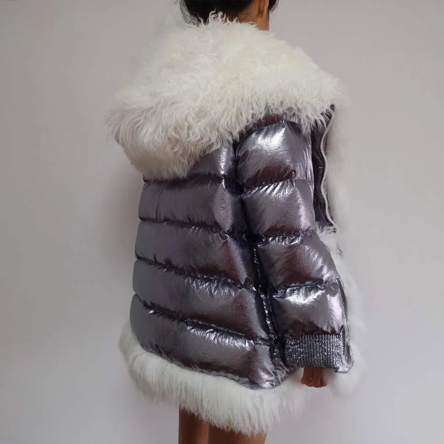 Faux Fur Silver Metallic White Duck Down Women's Puffer Coat