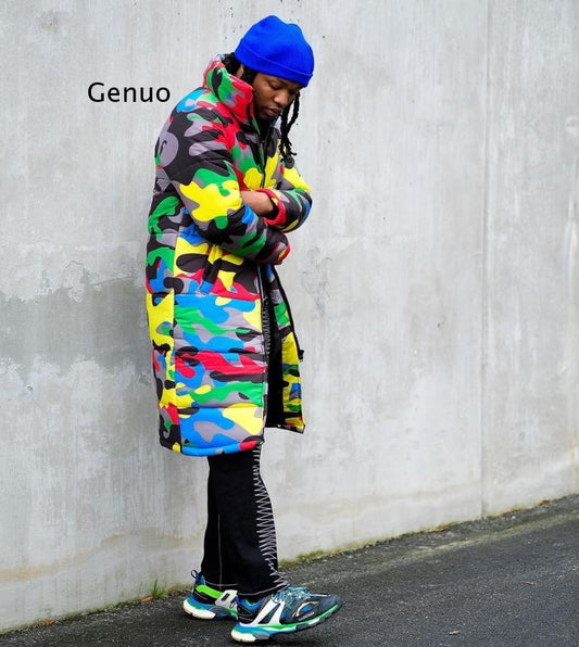 Colored Camouflage Print Long Unisex Cotton Padded Coat w/ Detachable Hood