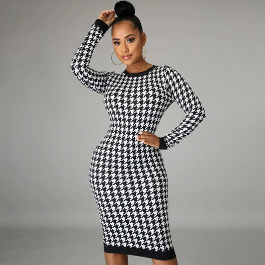 Black/White Houndstooth Print Long Sleeve Bodycon Streetwear Midi Dress